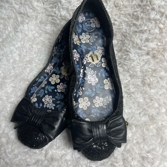 Tory Burch Divine Bow  black Sequin Leather Flats with front bow accent Size 11 - Picture 3 of 10